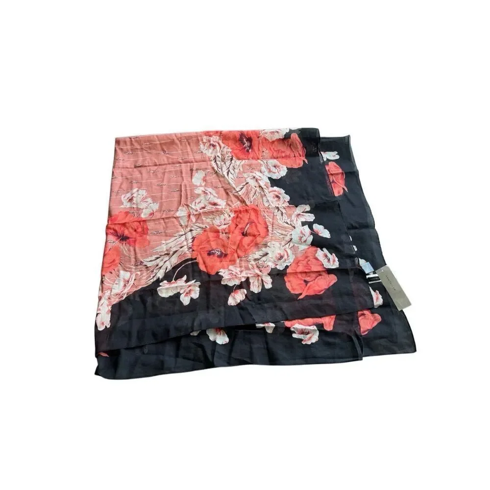 NWT Ann Taylor Womens Black Red Floral Silk Blend Sheer Lightweight Scarf